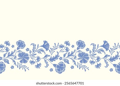 Vintage Floral patterns seamless background border embroidery ethnic batik retro. Flower motifs paisley batik. Blue silhouette  watercolour flowers ikat design hand drawn. Vector illustration. 