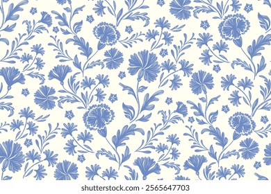 Vintage Floral patterns seamless background border embroidery ethnic batik retro. Flower motifs paisley batik. Blue silhouette  watercolour flowers ikat design hand drawn. Vector illustration. 