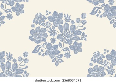Vintage Floral patterns seamless background border embroidery ethnic batik retro. Flower motifs paisley batik. Blue silhouette  watercolour flowers ikat design hand drawn. Vector illustration. 