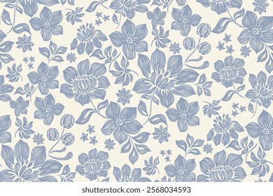 Vintage Floral patterns seamless background border embroidery ethnic batik retro. Flower motifs paisley batik. Blue silhouette  watercolour flowers ikat design hand drawn. Vector illustration. 