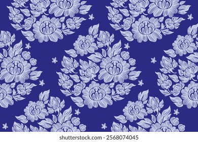 Vintage Floral patterns seamless background border embroidery ethnic batik retro. Flower motifs paisley batik. Blue silhouette  watercolour flowers ikat design hand drawn. Vector illustration. 