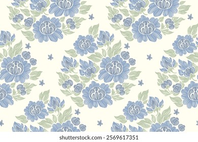 Vintage Floral patterns seamless background border embroidery ethnic batik retro. Flower motifs paisley batik. Blue silhouette  watercolour flowers ikat design hand drawn. Vector illustration. 