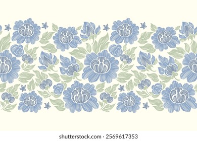 Vintage Floral patterns seamless background border embroidery ethnic batik retro. Flower motifs paisley batik. Blue silhouette  watercolour flowers ikat design hand drawn. Vector illustration. 