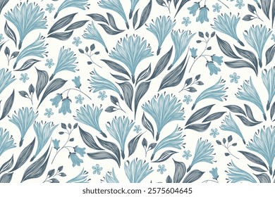 Vintage Floral patterns seamless background border embroidery ethnic batik retro. Flower motifs paisley batik. Blue silhouette  watercolour flowers ikat design hand drawn. Vector illustration. 