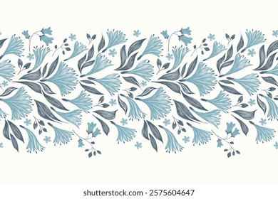 Vintage Floral patterns seamless background border embroidery ethnic batik retro. Flower motifs paisley batik. Blue silhouette  watercolour flowers ikat design hand drawn. Vector illustration. 