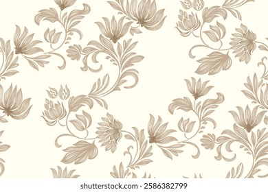 Vintage Floral patterns seamless background border embroidery ethnic batik retro. Flower motifs paisley batik. Brown silhouette  watercolour flowers ikat design hand drawn. Vector illustration. 