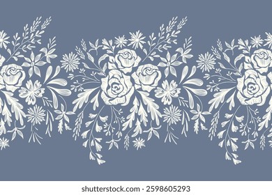 Vintage Floral patterns seamless background border embroidery ethnic batik retro. Flower motifs paisley batik. Blue silhouette  watercolour flowers ikat design hand drawn. Vector illustration. 