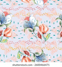Vintage Floral patterns seamless background border embroidery ethnic batik retro. Flower motifs paisley batik. Blue silhouette watercolour flowers ikat design hand drawn. Vector illustration.