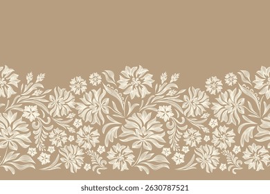 Vintage Floral patterns seamless background border embroidery ethnic batik retro. Flower motifs paisley batik. Brown silhouette  watercolour flowers ikat design hand drawn. Vector illustration. 
