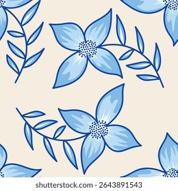 Vintage Floral patterns seamless background border embroidery ethnic batik retro. Flower motifs paisley batik. Blue silhouette watercolour flowers ikat design hand drawn. Vector illustration
