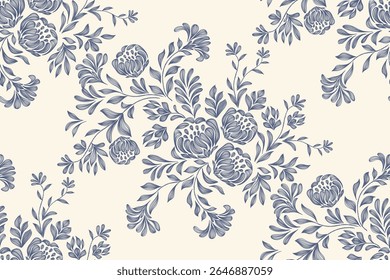 Antiguas Patrones florales bordados de fondo sin fisuras étnico batik retro. Motivos florales paisley batik. Silueta azul acuarela flores ikat diseño dibujado a mano. Ilustración vectorial