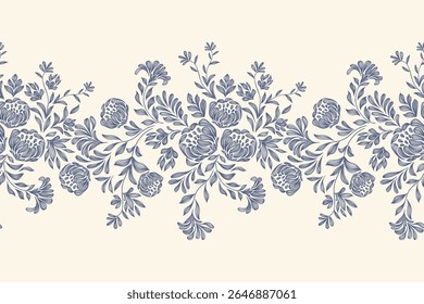 Vintage Floral patterns seamless background border embroidery ethnic batik retro. Flower motifs paisley batik. Blue silhouette  watercolour flowers ikat design hand drawn. Vector illustration