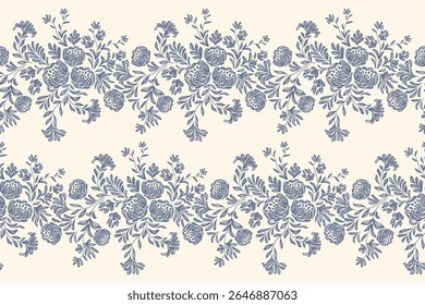 Vintage Floral patterns seamless background border embroidery ethnic batik retro. Flower motifs paisley batik. Blue silhouette  watercolour flowers ikat design hand drawn. Vector illustration