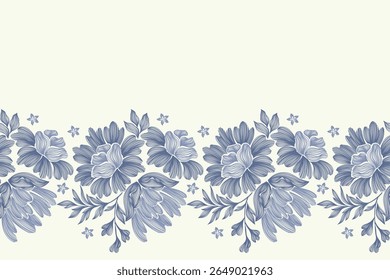 Vintage Floral patterns seamless background border embroidery ethnic batik retro. Flower motifs paisley batik. Blue purple watercolour flowers ikat design hand drawn. Vector illustration. 