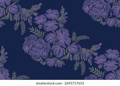 Vintage Floral patterns seamless background border embroidery ethnic batik retro. Flower motifs paisley batik. Blue silhouette  watercolour flowers ikat design hand drawn. Vector illustration