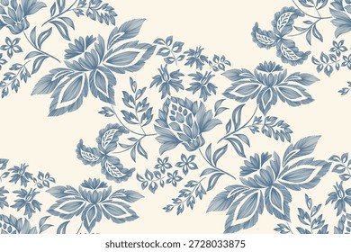 Vintage Floral patterns seamless background border embroidery ethnic batik retro. Flower motifs paisley batik. Blue silhouette  watercolour flowers ikat design hand drawn. Vector illustration