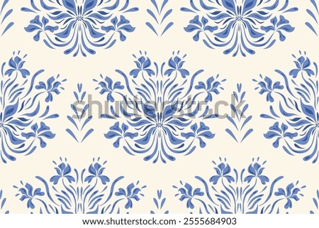 Vintage Floral patterns seamless background border embroidery ethnic batik retro. Flower motifs paisley batik. Blue indigo  silhouette  watercolour flowers ikat design hand drawn. Vector illustration.