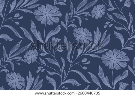 Vintage Floral patterns seamless background border embroidery ethnic batik retro. Flower motifs paisley batik. Blue silhouette  watercolour flowers ikat design hand drawn. Vector illustration. 