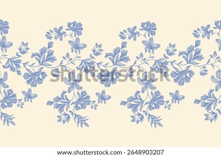 Vintage Floral patterns seamless background border embroidery ethnic batik retro. Flower motifs paisley batik. Blue silhouette  watercolour flowers ikat design hand drawn. Vector illustration. 