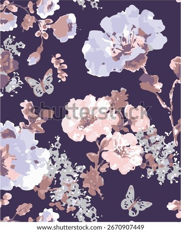 Vintage Floral patterns seamless background border embroidery ethnic batik retro. Flower motifs paisley batik. Blue silhouette watercolour flowers ikat design hand drawn. 