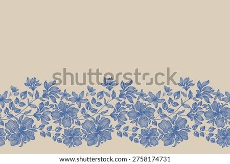 Vintage Floral patterns seamless background border embroidery ethnic batik retro. Flower motifs paisley batik. Blue silhouette  watercolour flowers ikat design hand drawn. Vector illustration