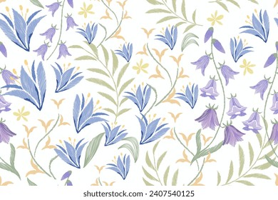 Vintage Floral patterns seamless embroidery ethnic batik. Flower tulip bluebell motifs paisley batik print template. Blue watercolour flowers ikat design hand drawn. Vector illustration. 