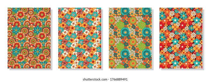 Vintage floral patterns set. Psychedelic or hippie style backgrounds. Abstract flowers and groovy colors. Vector illustration.