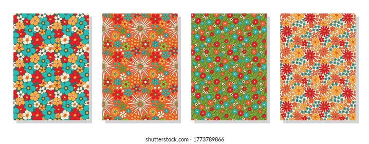 Vintage floral patterns set. Psychedelic or hippie style backgrounds. Abstract flowers and groovy colors. Vector illustration.