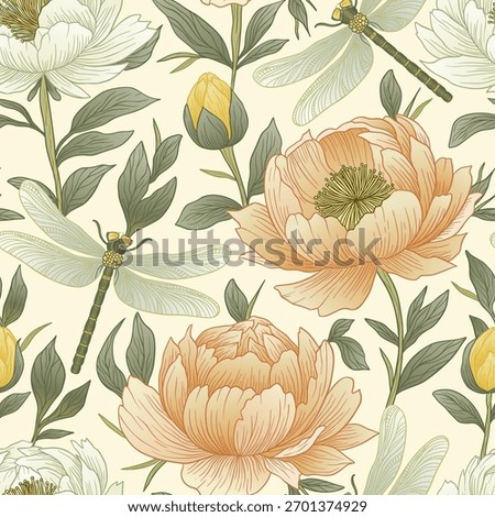 Vintage Floral Peony Seamless Pattern With Peonies Dragonfly And Leaves Aesthetic Luxury Vector cottagecore Boho Vintagecore Background