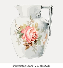 Vintage floral pitcher with pink rose design. Elegant pitcher with floral motifs. Classic vintage style with delicate rose patterns. Floral pitcher for decor. Vintage illustration isolated, vector.