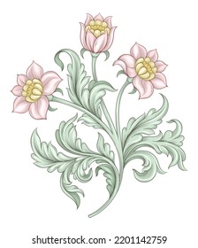 Vintage floral poster. Spring decorative banner with beautiful blooming plants and green leaves in Victorian baroque style. Design element for tattoo or patterns. Cartoon flat vector illustration