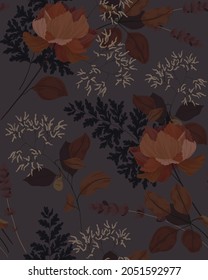 Vintage floral print with autumn mood. Seamless pattern with bouquets of dried flowers, leaves and twigs. Dark browns. Botanical vector illustration.