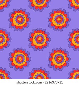 vintage floral print for fabric. textile seamless pattern. 1970 psychedelic, hippie and funky. cottage core 60s rustic interior decor. wallpaper and background pattern. children's naive style of wildf