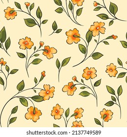 Vintage floral print, gently botanical background with delicate hand drawn plants. Seamless pattern with outline flowers twigs, leaves on a light field. Romantic botanical surface design. Vector.