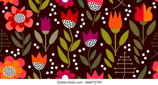 Vintage floral print with geometric elements. Seamless vector pattern inspired by 1950s textile design. Poppies and tulips on dark brown background.
