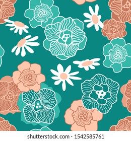 Vintage floral print inspired by 1970s textile. Large wildflowers and chamomiles on white background. Design with Japanese motifs. Template for wallpapers, scarves, dresses.