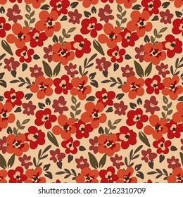 Vintage floral print with liberty flowers meadow, small painting plants. Seamless pattern, romantic botanical background with tiny red flowers, small artistic leaves, field herbs. Vector illustration.