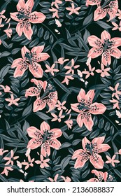 Vintage floral print with pink lily buds, lush foliage. Ornate seamless pattern, botanical background with hand drawn tropical plants, flowers, leaves on a dark field. Vector illustration.