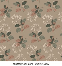 Vintage floral print with scumpia sprigs. Composition of lonely branches with leaves and tassels. Delicate seamless pattern in vector.