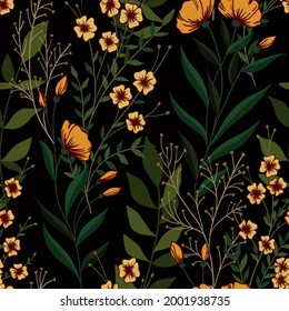 Vintage floral print, seamless pattern with wildflowers and herbs. Dense composition of various plants, flowers and leaves on a dark background. Vector.