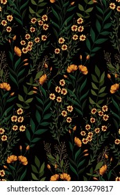 Vintage floral print with a variety of wild plants. Seamless pattern with flowers and herbs on a dark background. Vector.