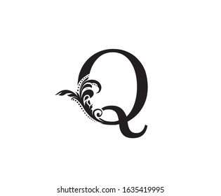 Vintage Floral Q Letter Logo. Black Q With Classy Leaves Shape design perfect for Boutique, Jewelry, Beauty Salon, Cosmetics, Spa, Hotel and Restaurant Logo. 