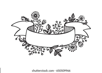 Vintage Floral Ribbon. Hand drawn doodle Banner with Wild Flowers. Black and white Vector illustration