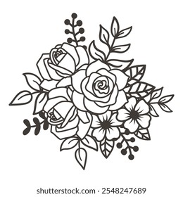 Clipart de rosas florales de Antiguas, elegante contorno de ramo de rosas, elemento de diseño de rosa dibujado a mano. Ilustración vectorial en blanco y negro.