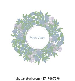 Vintage floral round frame with copy space for text. Vector illustration. Botanical border template. Rustic flowers and twigs in pastel colors. Vintage save the date template. Provence style border.