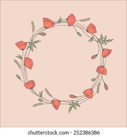 Vintage floral round frame. Poppies old style crown