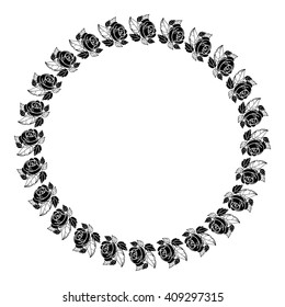 Vintage floral round frame with roses silhouette. Vector clip art.