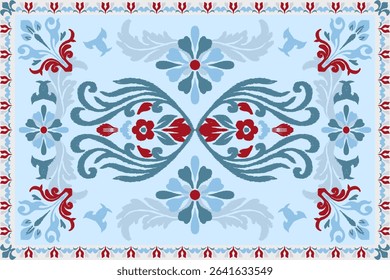 Vintage Floral Rug Pattern in Red and Blue Tones, design for decorative, wall, wallpaper, wrapping paper, fabric, silk, scarf, book, wall, backdrop and etc. abstract background.