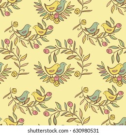 Vintage Floral Seamless Background with Birds, Vector watercolor Illustration