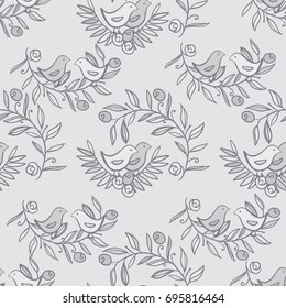 Vintage Floral Seamless Background with Birds, Vector watercolor Illustration